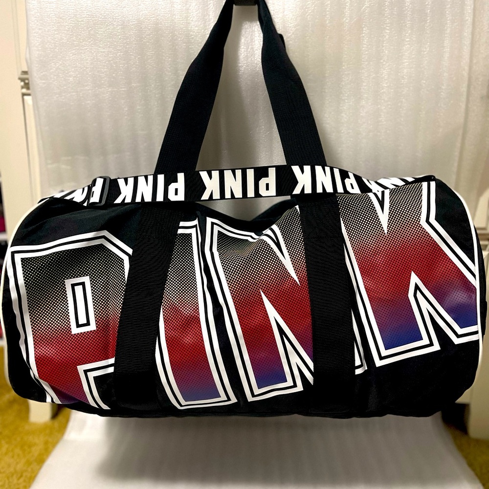 PINK Victoria’s Secret Rainbow Logo Duffle Bag Black& White Large Travel Gym Bag